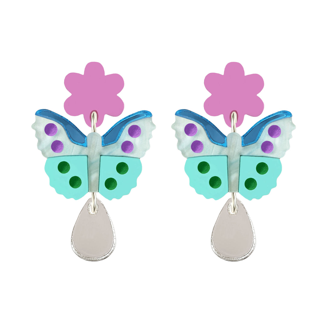 Butterfly Flower Dangle Earrings in Blue