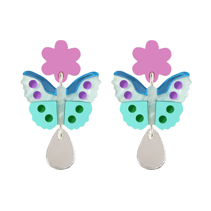 Butterfly Flower Dangle Earrings in Blue