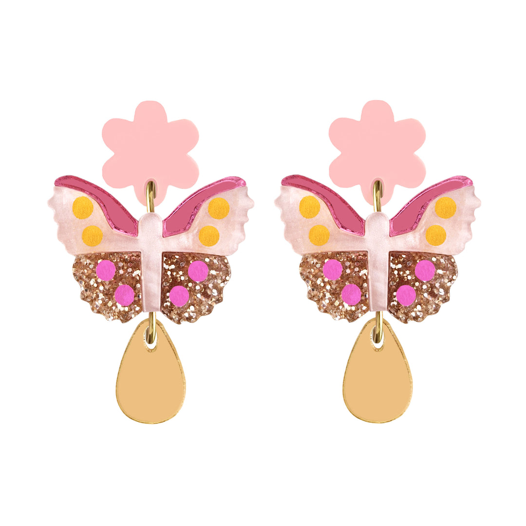 Butterfly Flower Dangle Earrings in Glitter