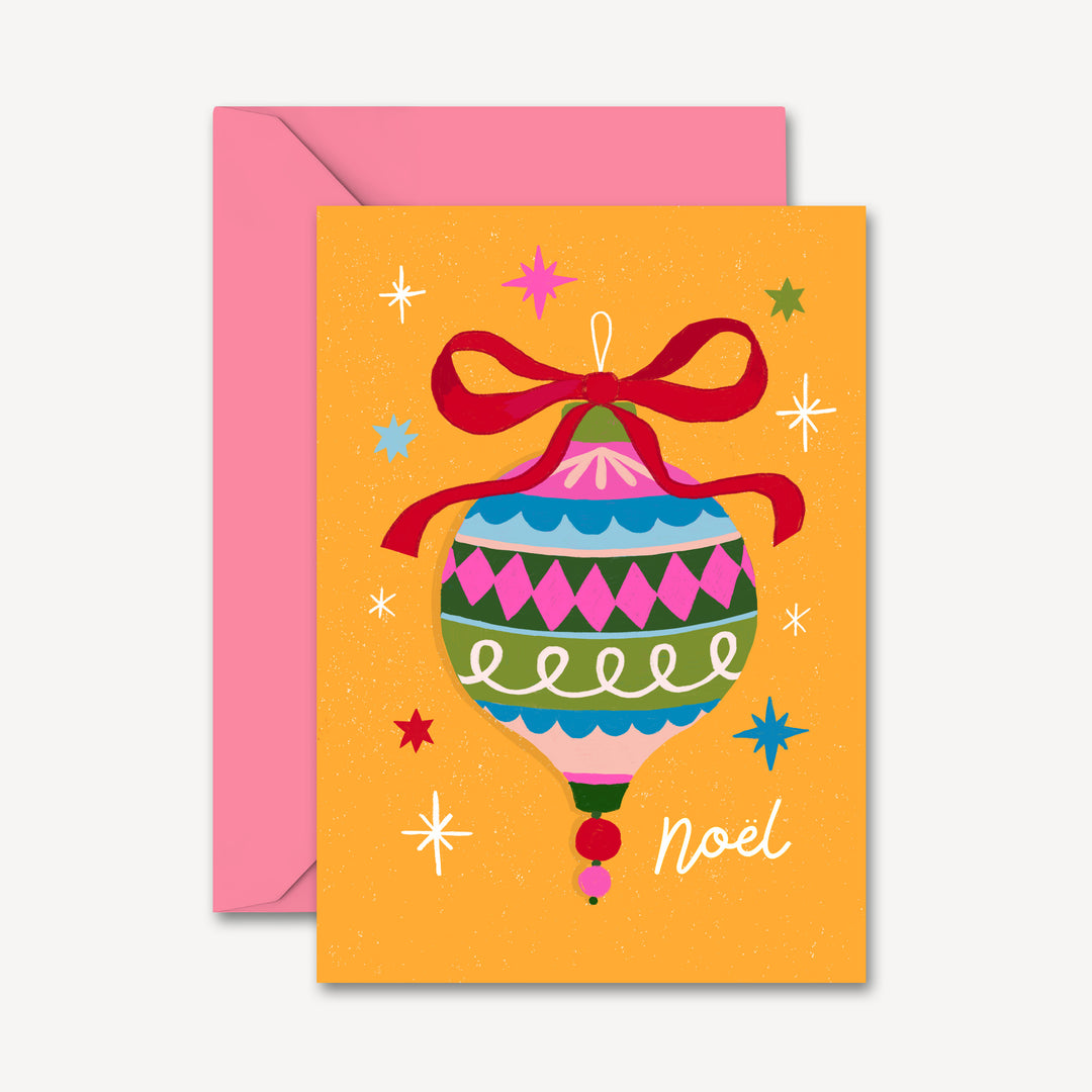 Christmas Card with Vintage Bauble Illustration Yellow | Wholesale
