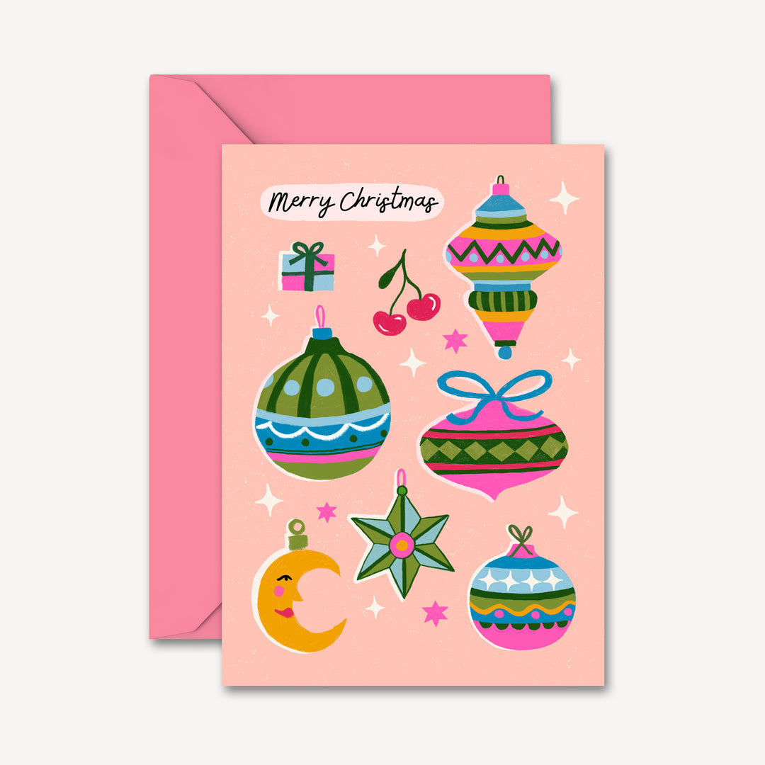 Christmas Card with Vintage Bauble Illustration Pink | Wholesale