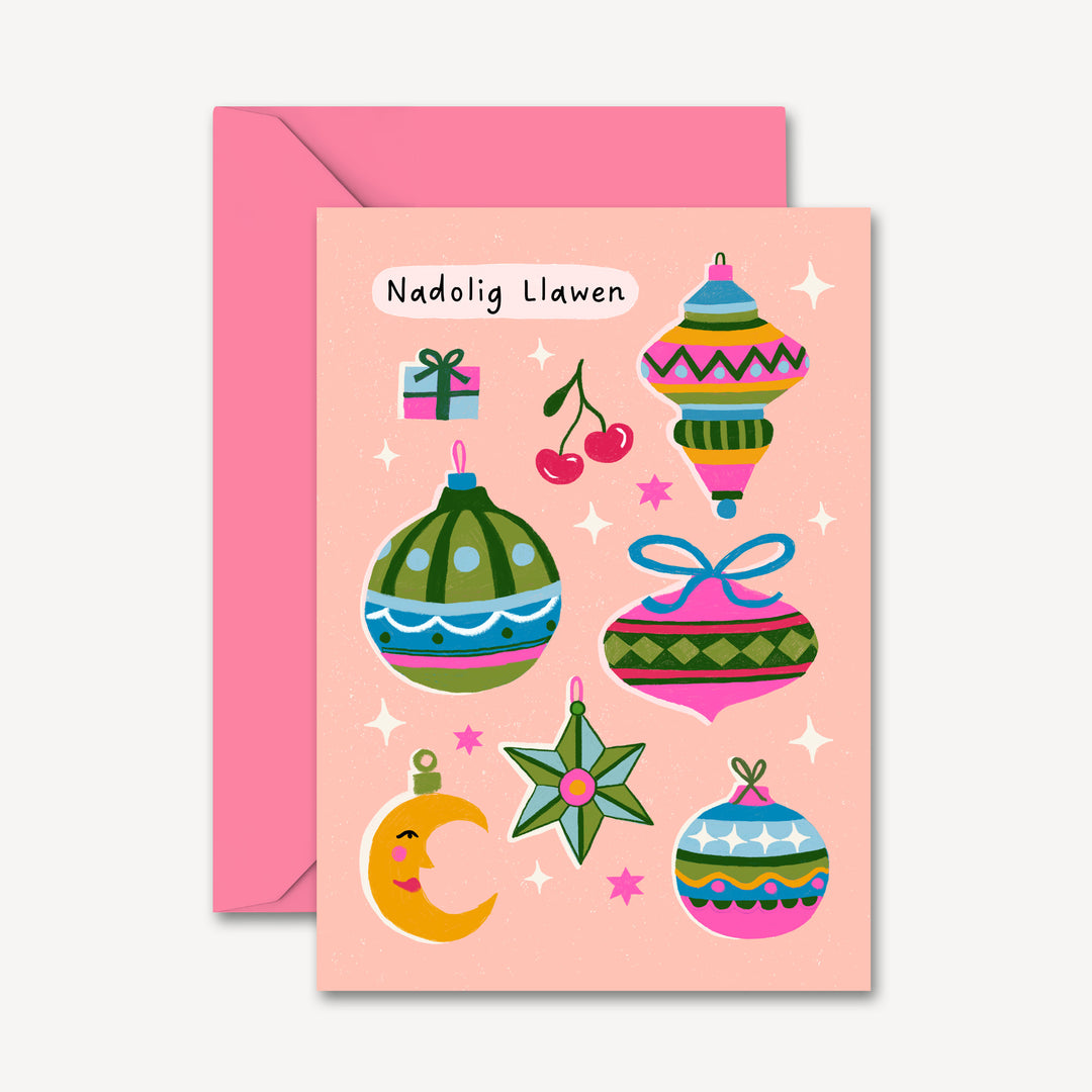 Nadolig Llawen Christmas Card with Vintage Bauble Illustration Pink | Wholesale