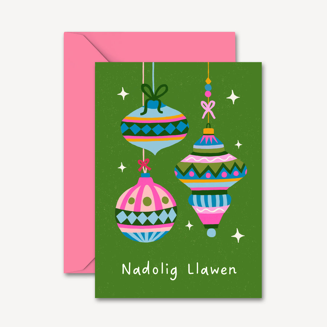 Nadolig Llawen Christmas Card with Vintage Bauble Illustration Green | Wholesale