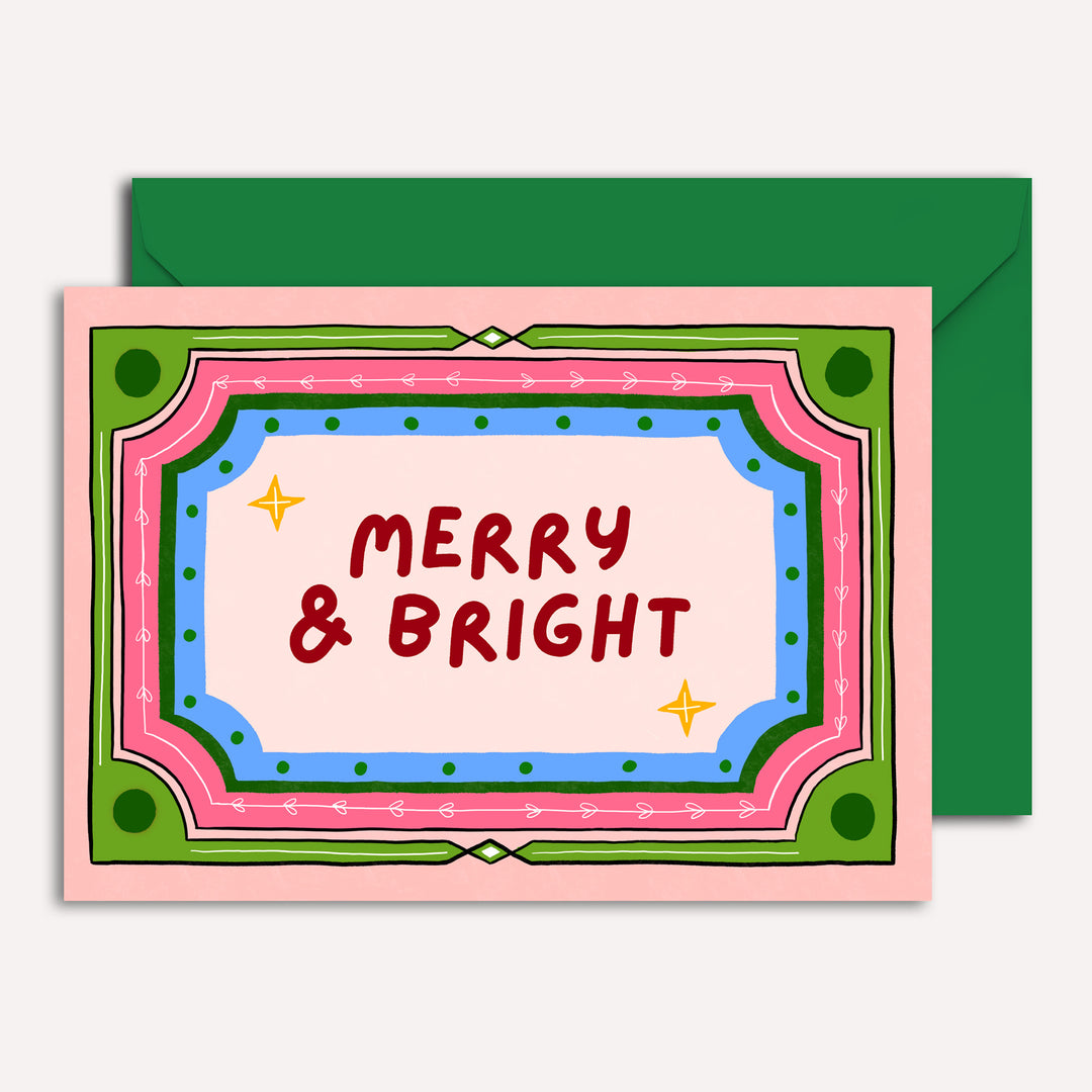 Christmas Card with Merry and Bright Frame Illustration | Wholesale