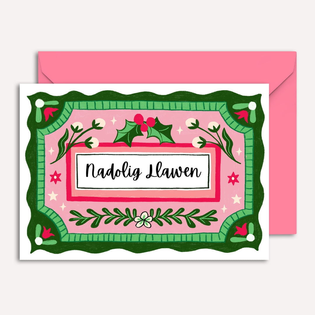 Nadolig Llawen Christmas Card with Vintage Illustration Holly | Wholesale