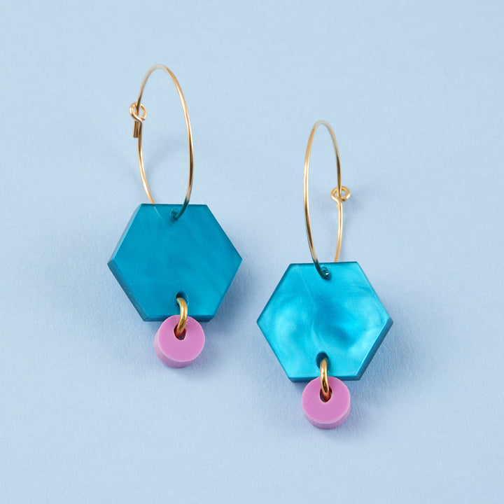 Hexagon Hoop Earrings - Blue