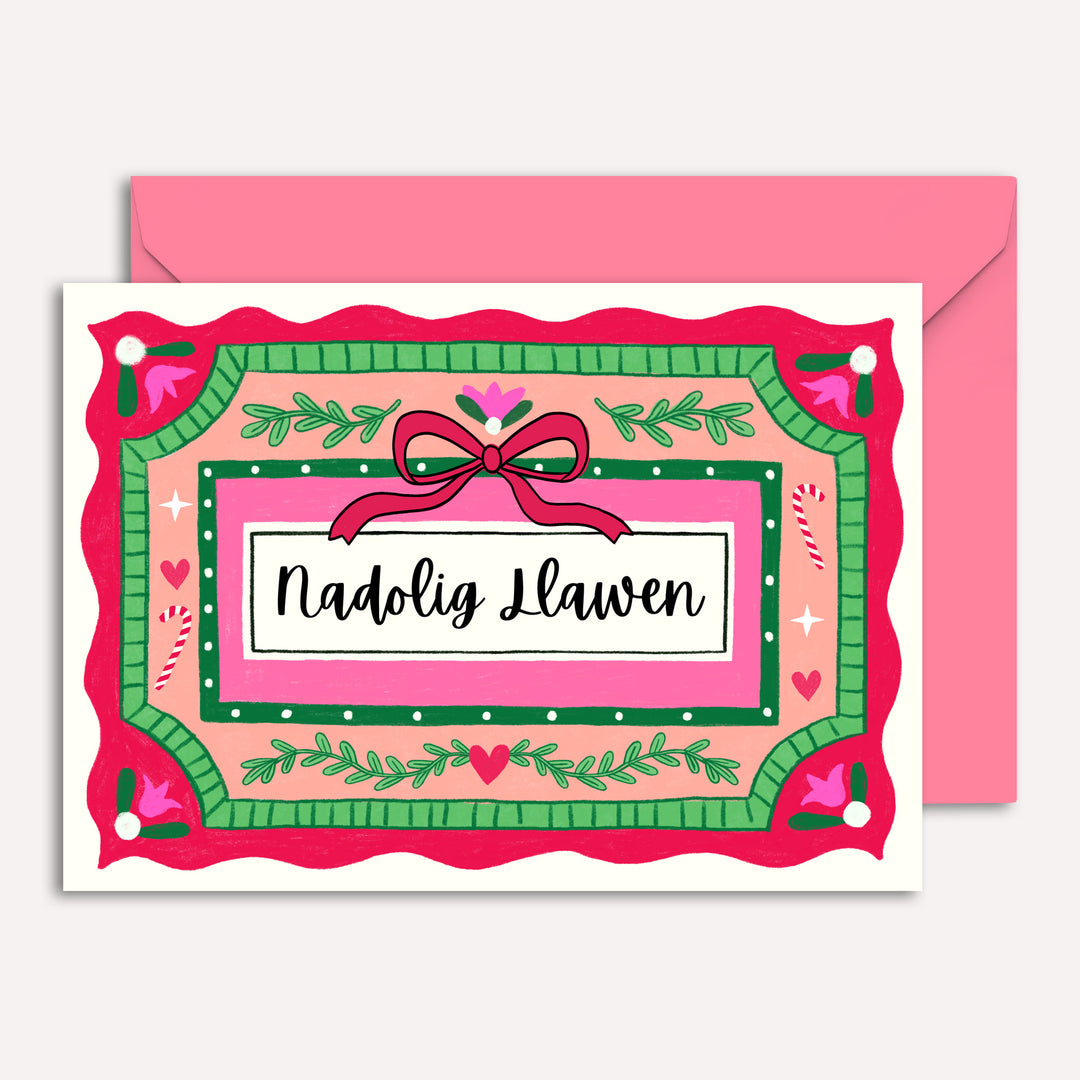 Nadolig Llawen Card with Vintage Illustration Bow | Wholesale