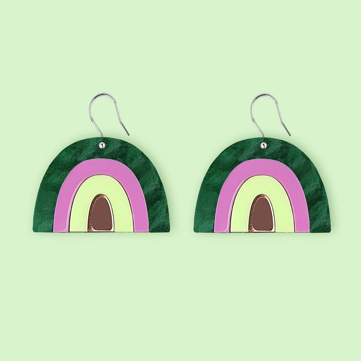 Large Rainbow Earrings in Green Pearl