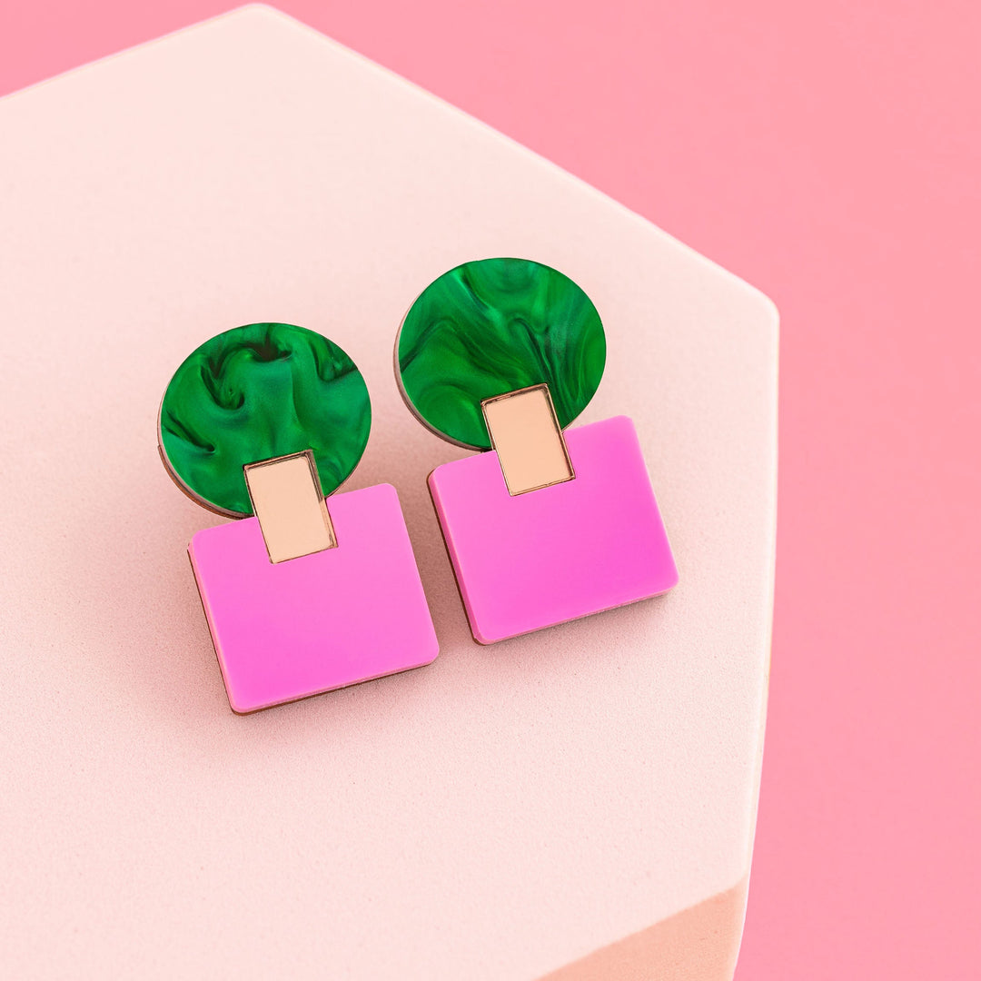 Green and purple Geometric statement earrings