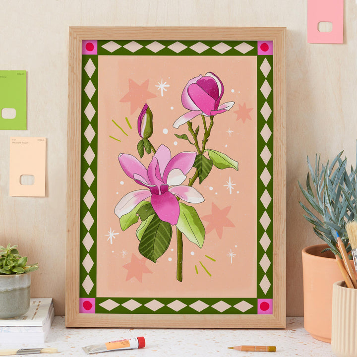 Magnolia Art Print Peach with Border