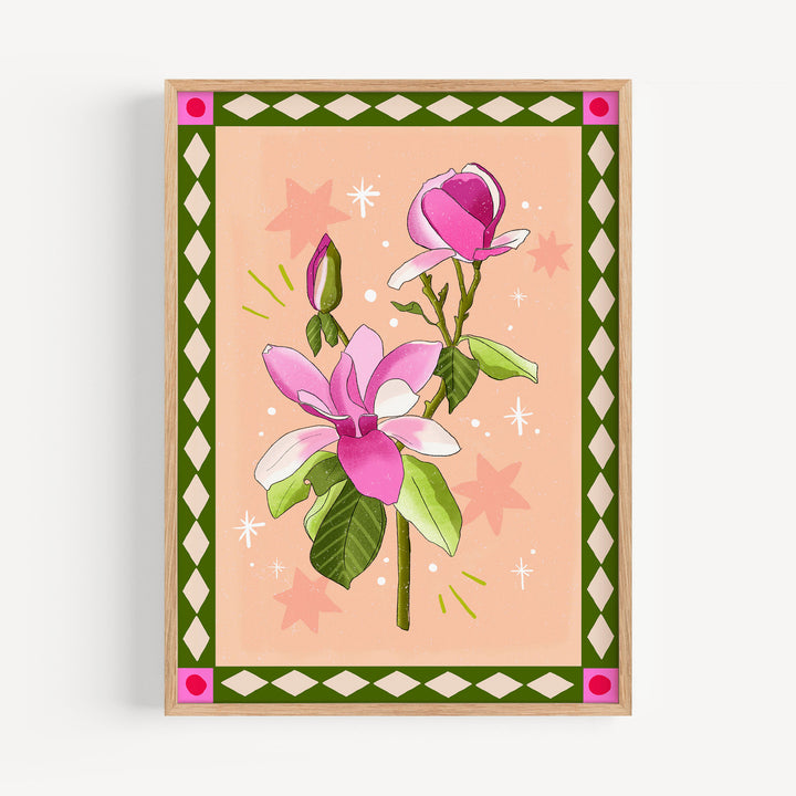 Magnolia Art Print Peach with Border