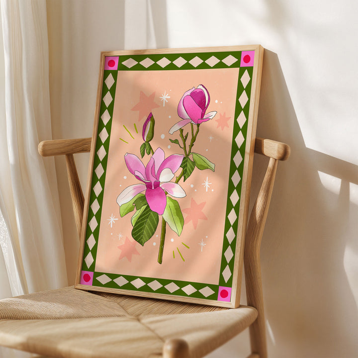 Magnolia Art Print Peach with Border