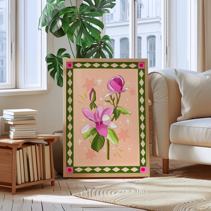 Magnolia Art Print Peach with Border