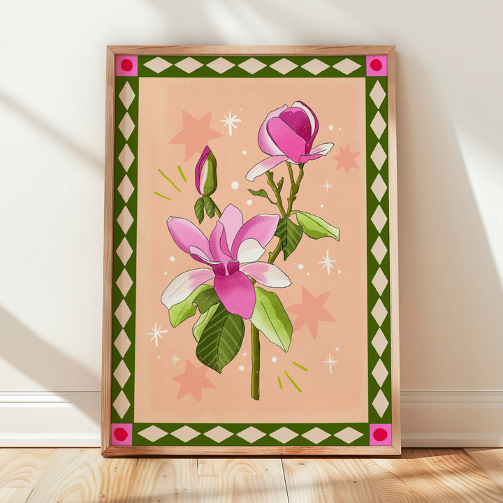 Magnolia Art Print Peach with Border