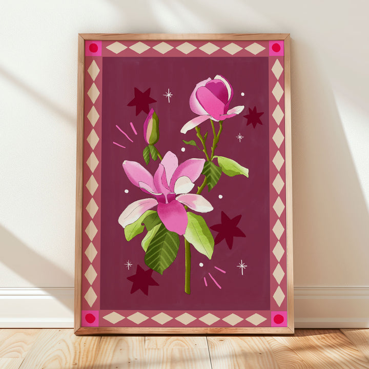 Magnolia Art Print Burgundy with Border