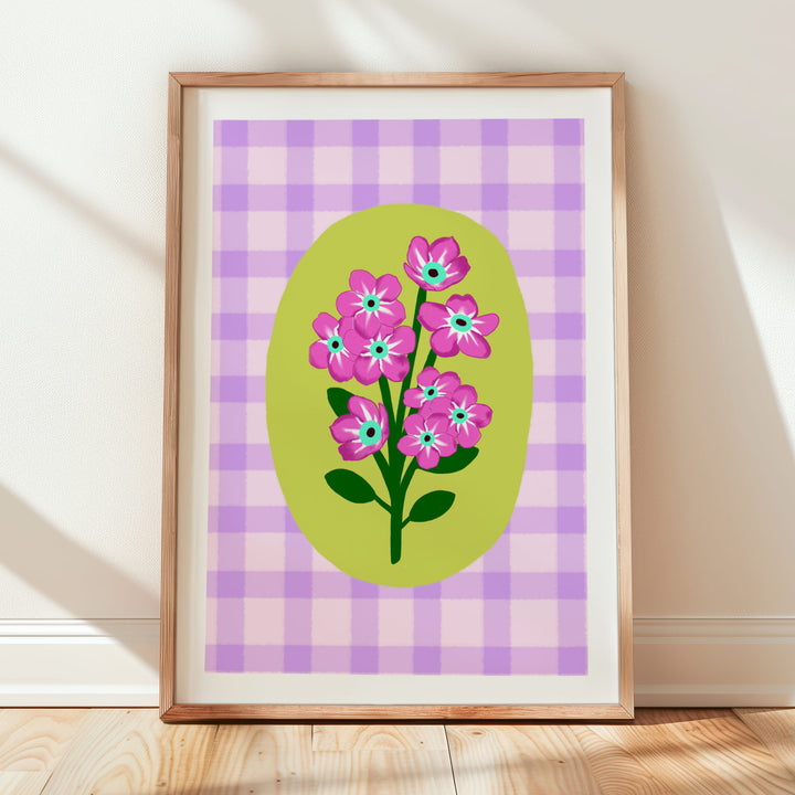 Gingham Floral Art Print Lilac