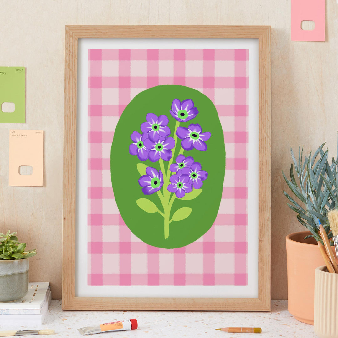 Gingham Floral Art Print Pink