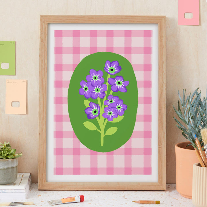 Gingham Floral Art Print Pink
