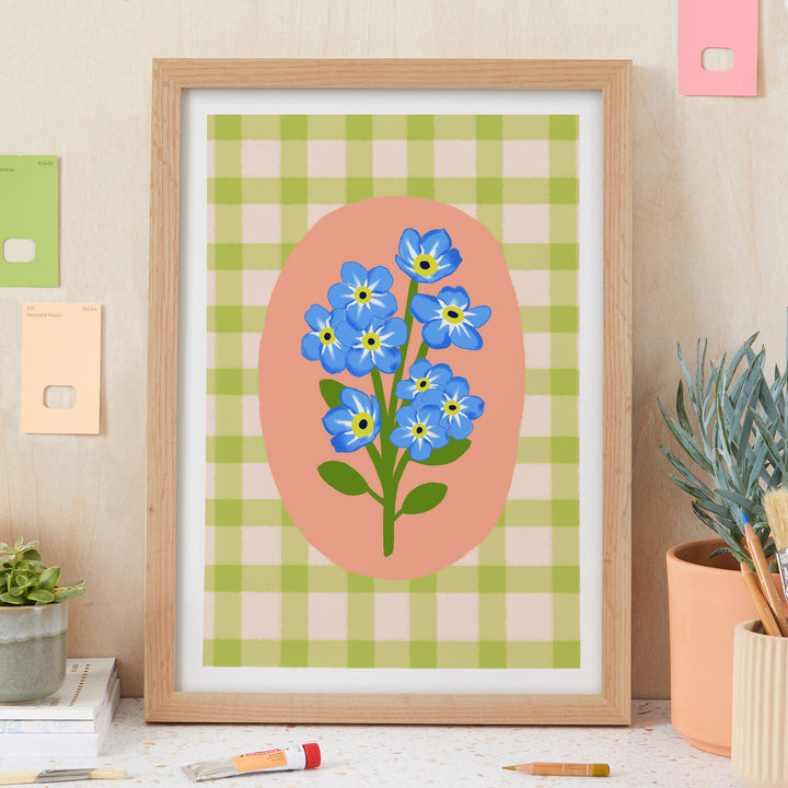 Gingham Floral Art Print Green