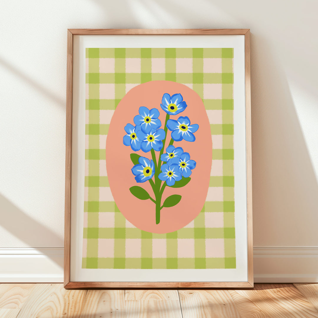 Gingham Floral Art Print Green