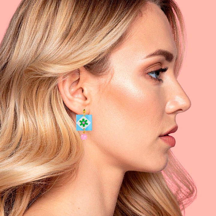 Charm Square Earrings in Floral Light Blue