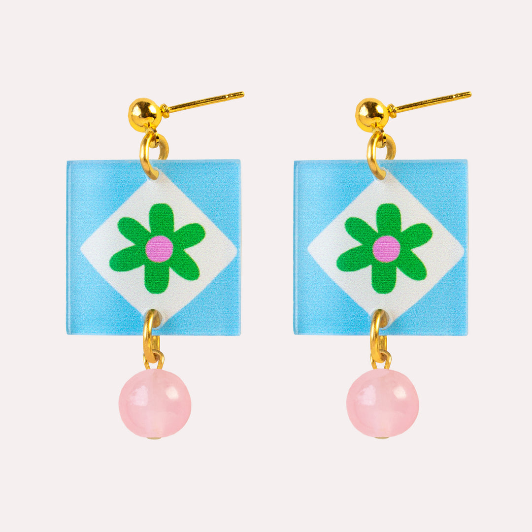 Charm Square Earrings in Floral Light Blue