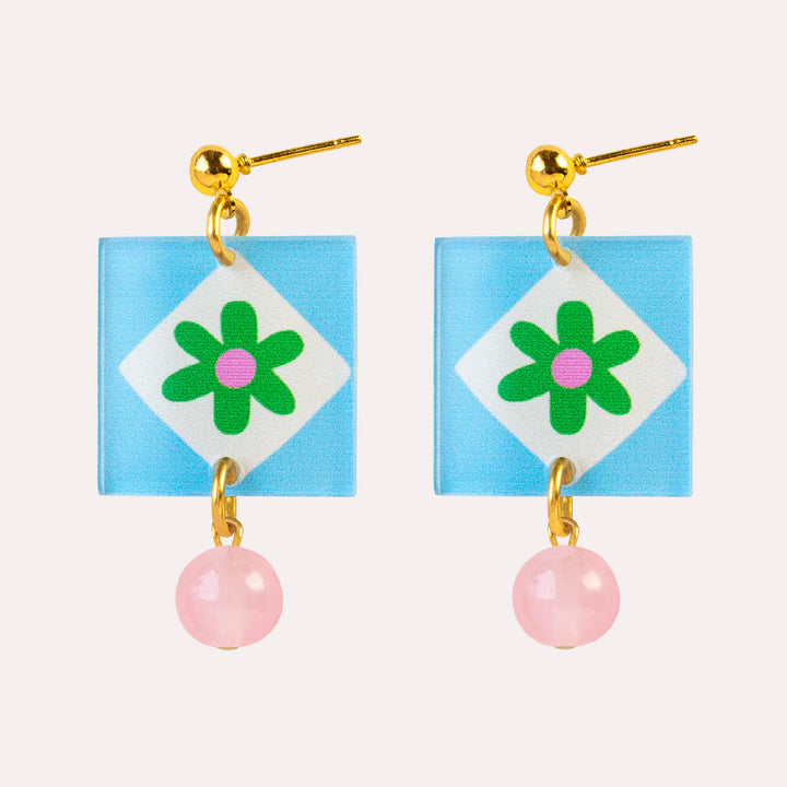 Charm Square Earrings in Floral Light Blue
