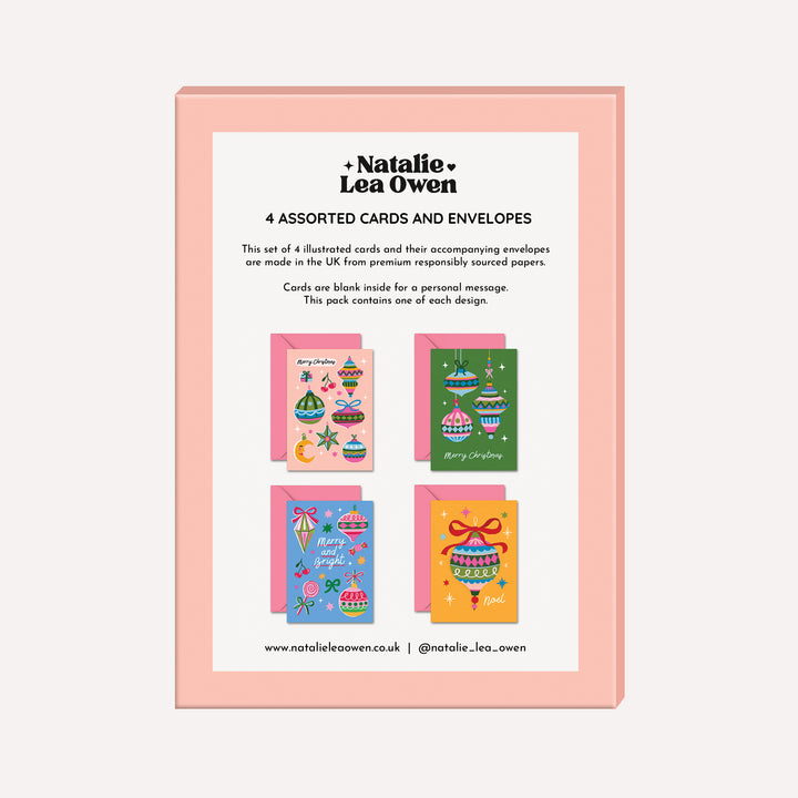 Christmas Card Pack of 4 | Baubles Illustration | Wholesale
