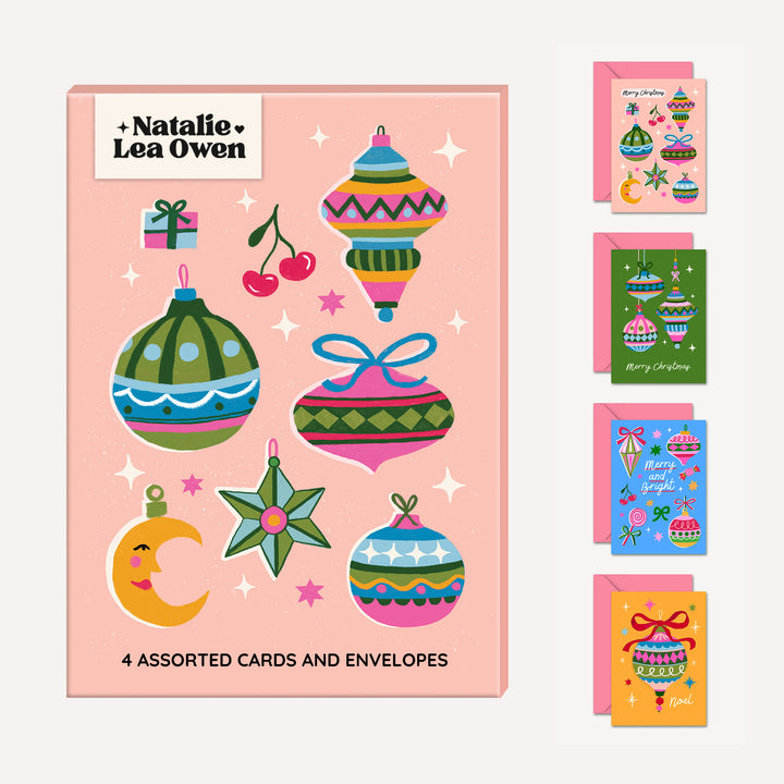 Christmas Card Pack of 4 | Baubles Illustration | Wholesale