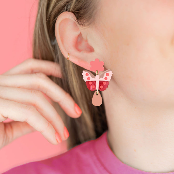 Butterfly Flower Dangle Earrings in Pink