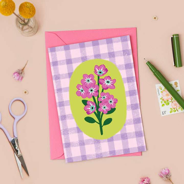 Floral Gingham Greetings Card Lilac | Wholesale