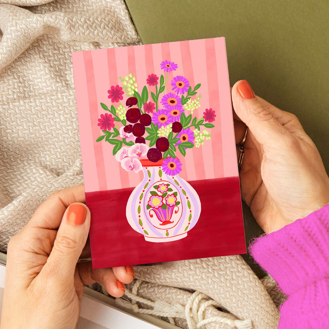 Flowers in Vase Card Red