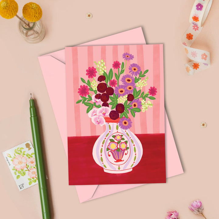 Flowers in Vase Card Red | Wholesale