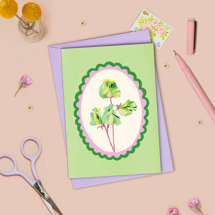 Sweet Pea Flowers Card Green