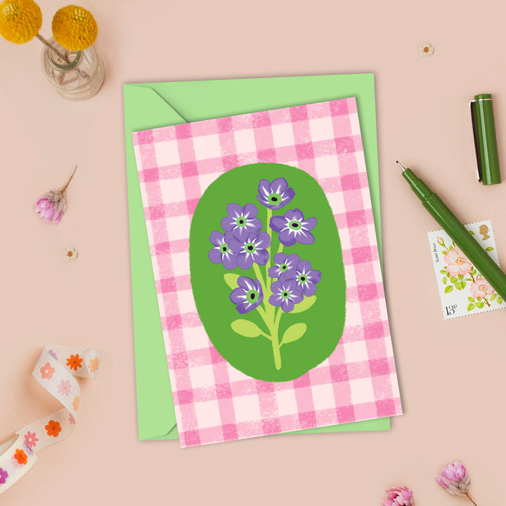 Floral Gingham Greetings Card Pink