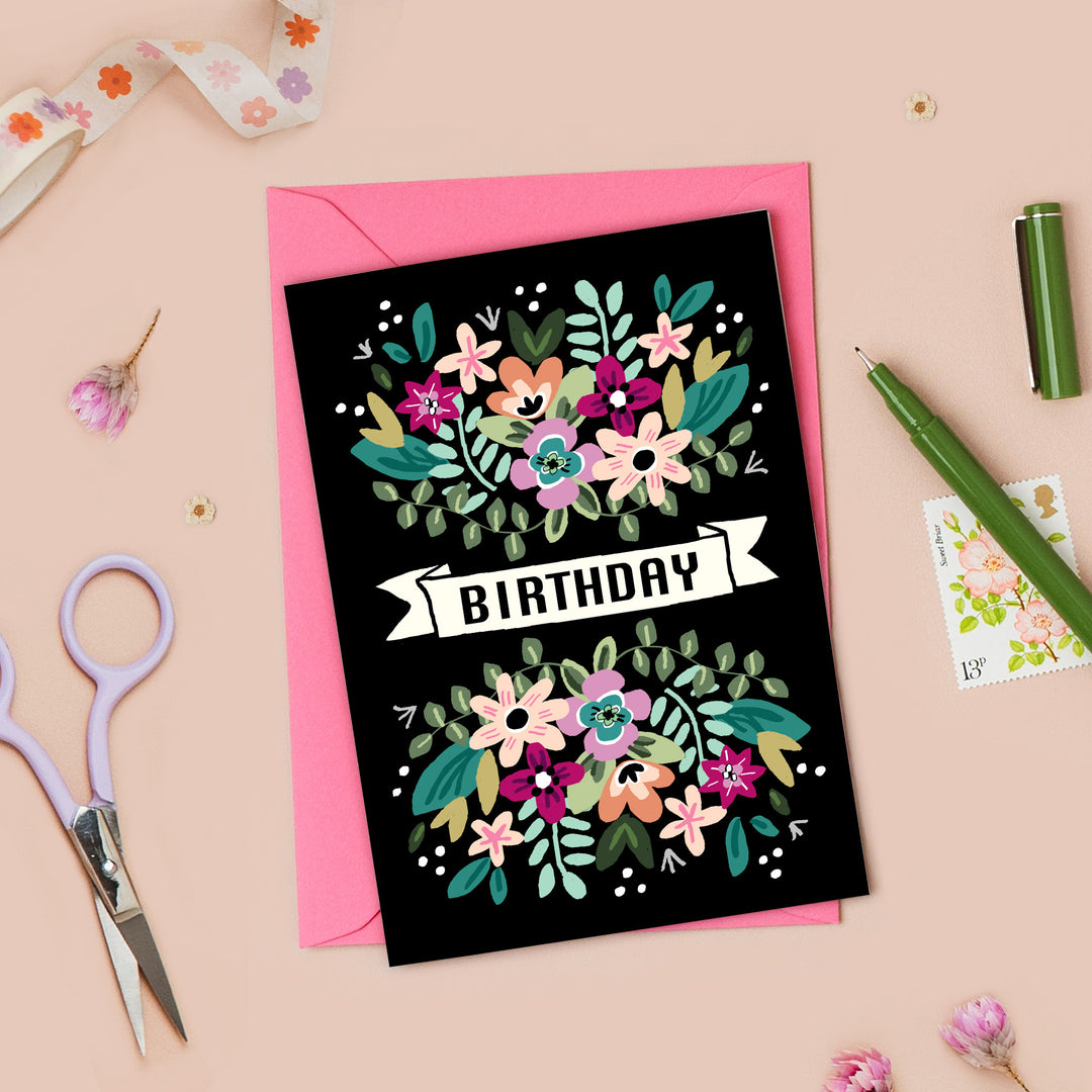 Retro Floral Black Birthday Card