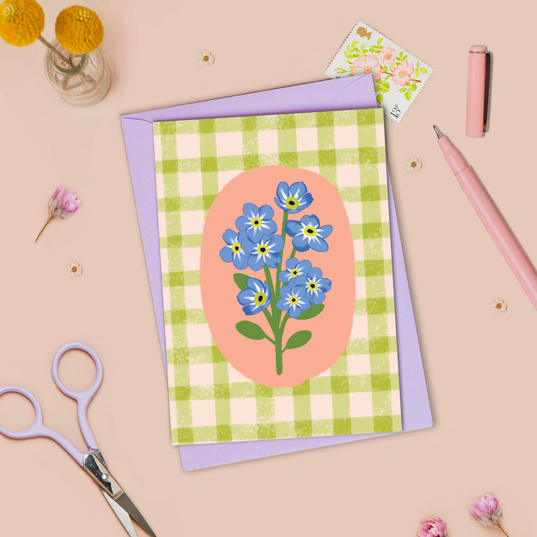 Floral Gingham Greetings Card Green