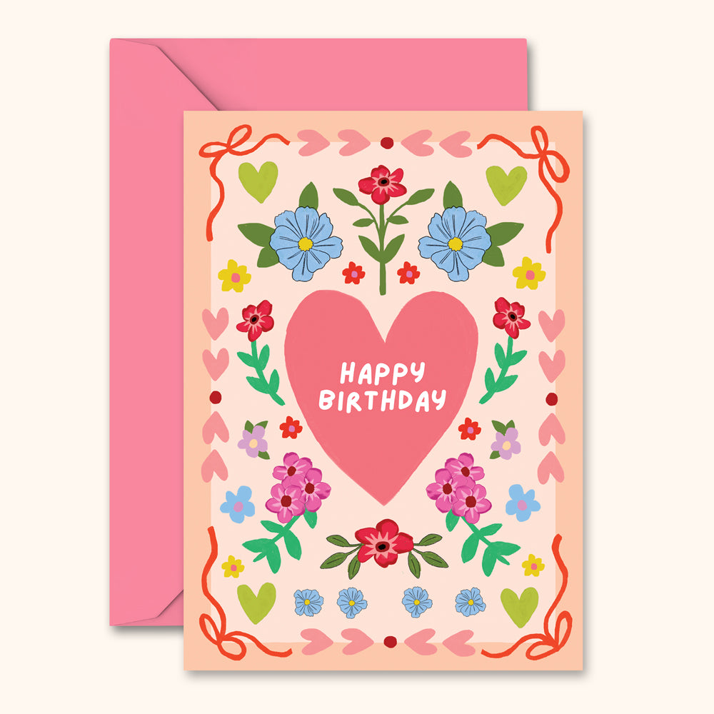 Birthday Card - Folk Floral Heart Pattern