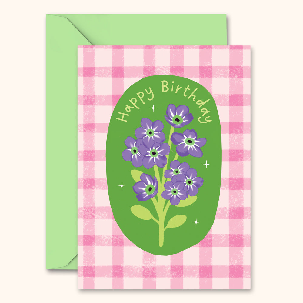 Birthday Card - Floral Pink Gingham
