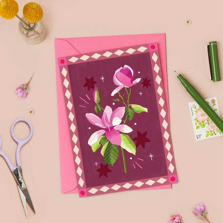 Magnolia Card with Border Burgundy
