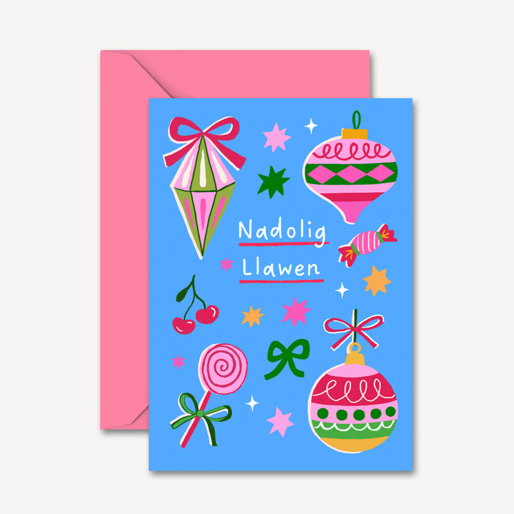 Nadolig Llawen Welsh Christmas Card | Vintage Bauble Illustration Blue | Wholesale