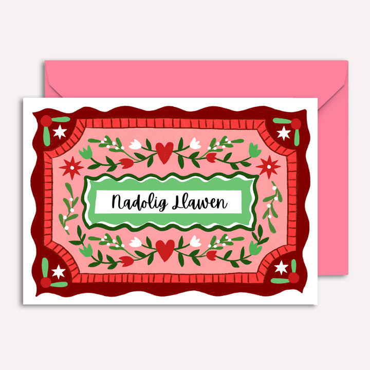 Nadolig Llawen Welsh Christmas Card with Vintage Heart Illustration | Wholesale