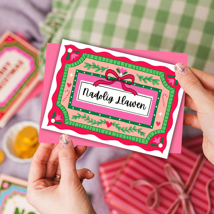 Nadolig Llawen Card with Vintage Illustration Bow | Wholesale