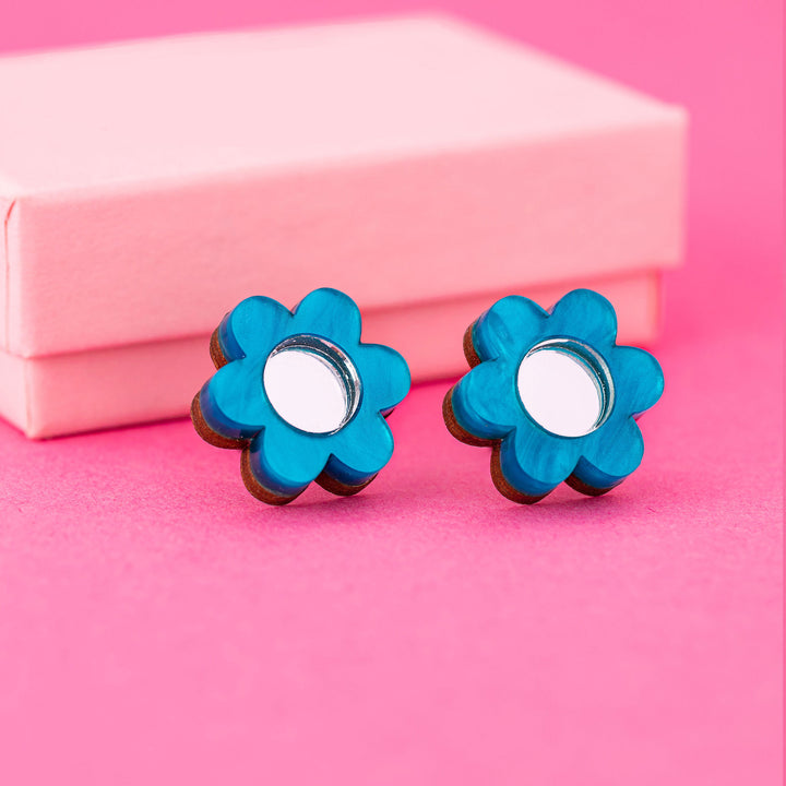 Daisy Stud Earrings Blue Pearl