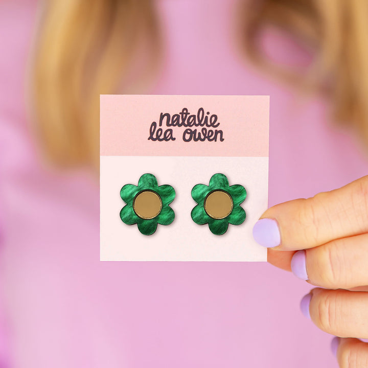 Daisy Stud Earrings in Green Pearl