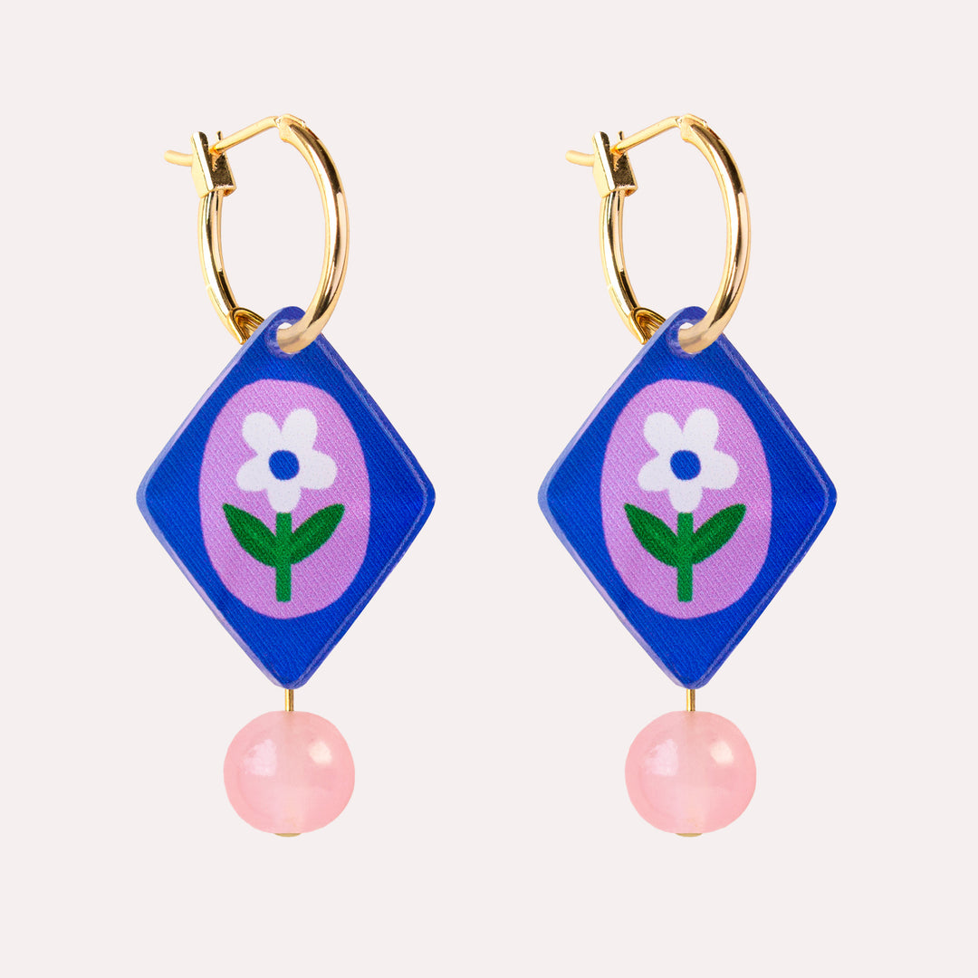Floral Charm Bead Earrings in Blue