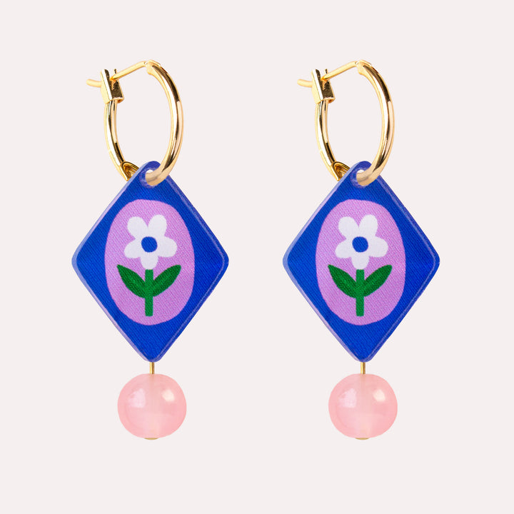 Floral Charm Bead Earrings in Blue