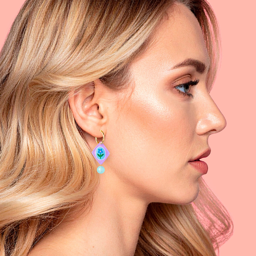 Floral Charm Bead Earrings in Lilac