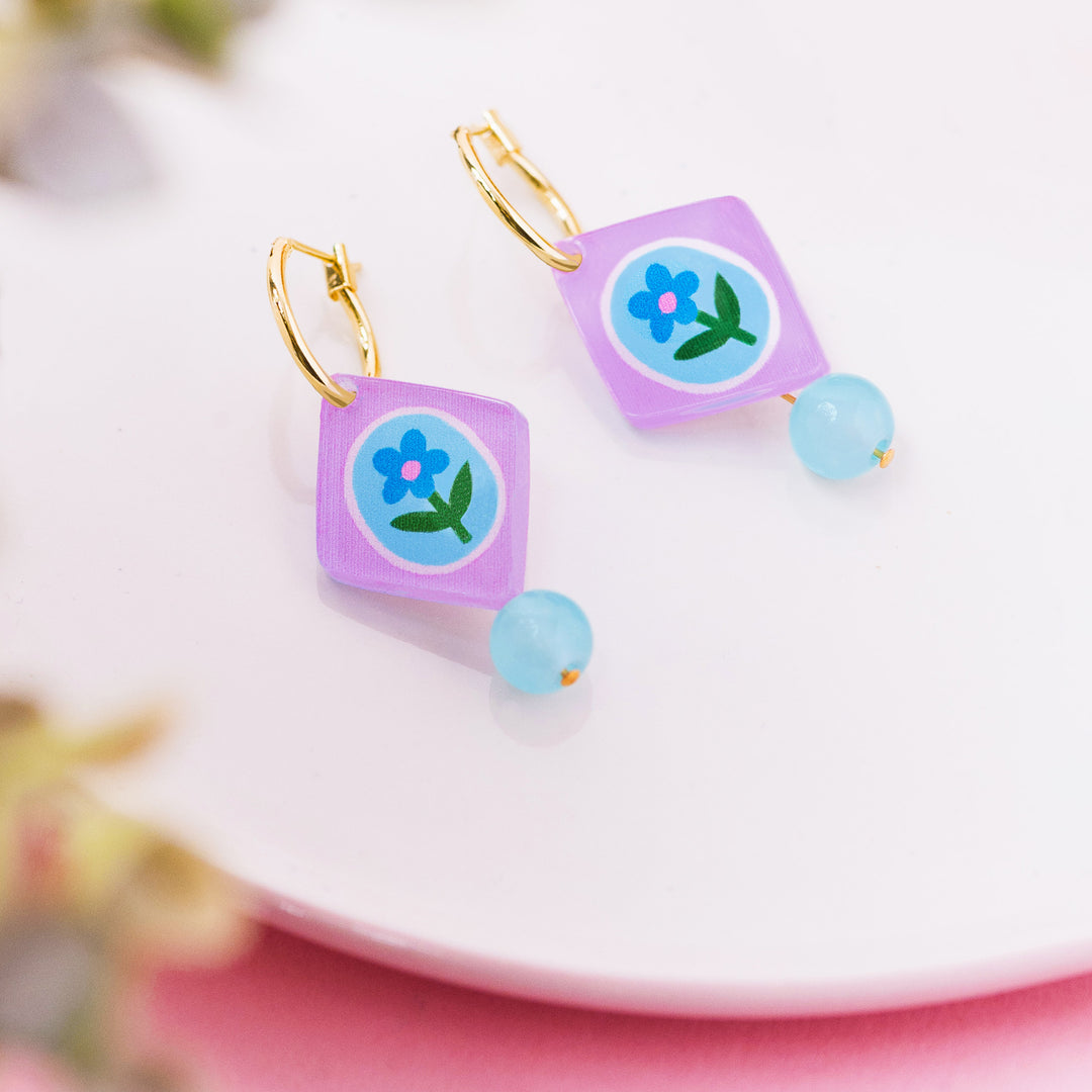 Floral Charm Bead Earrings in Lilac