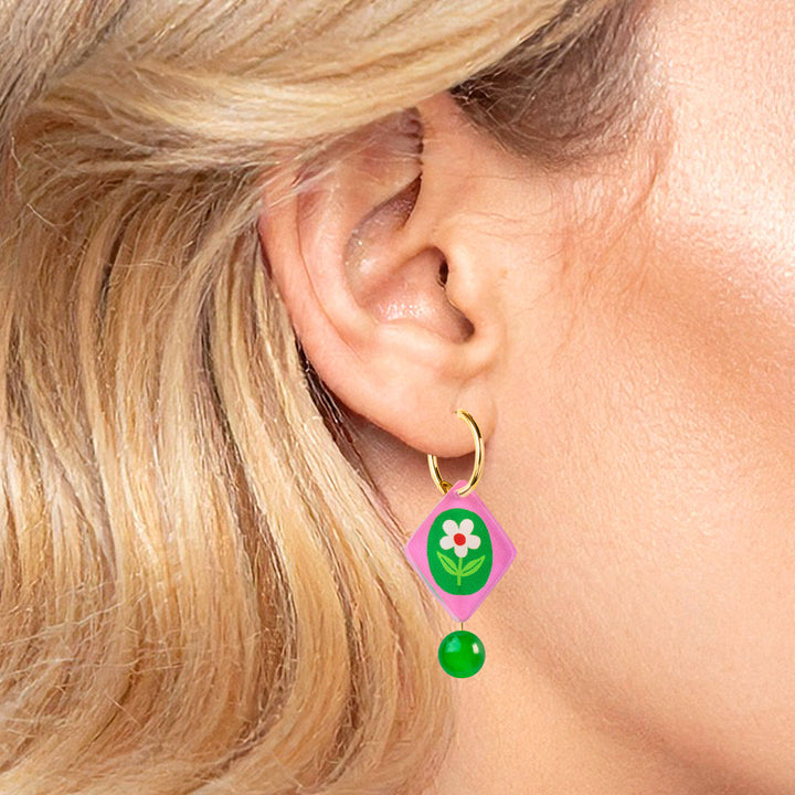 Floral Charm Bead Earrings in Pink